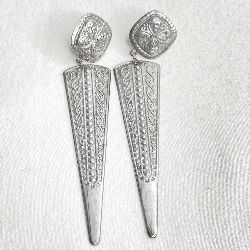💎Dangle Drop Earrings Silver Tone Metal Engraved Thin Metal